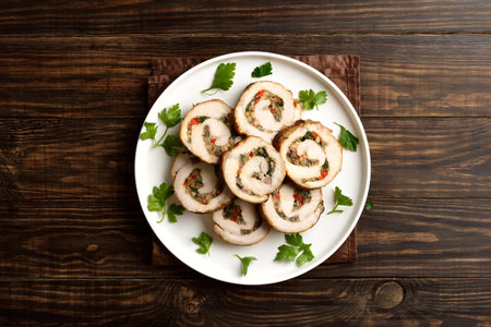 Slices of pork roll stuffed with mushrooms, sun dried tomatoes, spinach on white plate on brown wooden background. Top view, flat layの写真素材