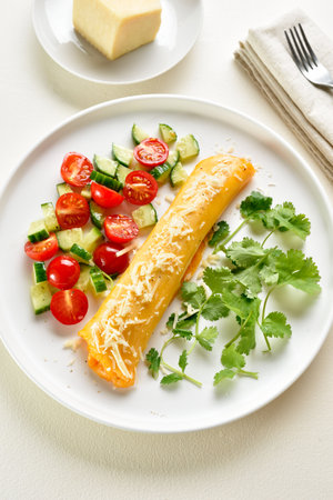 Delicious French omelette with cheese served with fresh vegetables. Healthy diet food concept. Light background, close up viewの写真素材