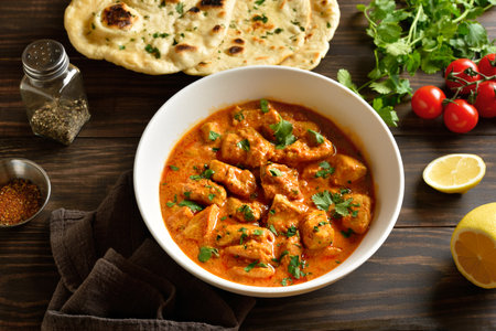 Traditional Indian dish chicken tikka masala. Butter chicken meat in white bowl on wooden table. Close up viewの写真素材