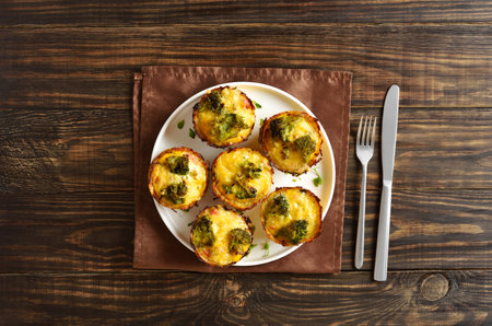 Egg muffins made with eggs, ham, broccoli, cheese on brown wooden background. Tasty meal for breakfast or lunch. Top view, flat layの写真素材