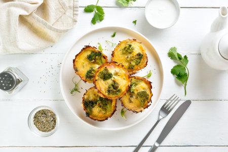 Dish for breakfast, healthy loaded egg muffins made with eggs, ham, broccoli, cheese on white wooden background. Top view, flat layの写真素材