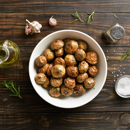 Roasted baby potatoes with olive oil, garlic and herbs in white bowl on wooden background. Top view, flat layの写真素材