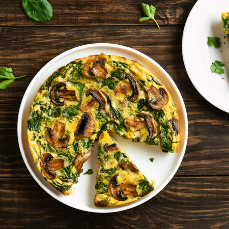 Delicious frittata with spinach and champignon mushrooms on white plate on brown wooden table. Top view, flat layの写真素材