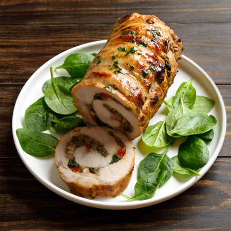 Delicious roasted pork roll stuffed with mushrooms, onion, red bell pepper, spinach on white plate on wooden background. Close up viewの写真素材