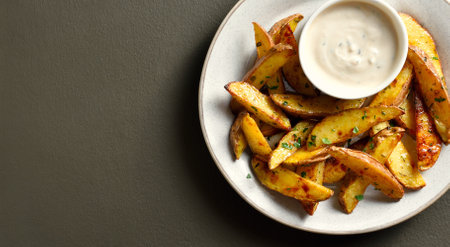 Close up view of baked potato wedges served with sauce over brown background with copy space. Top view, flat layの写真素材