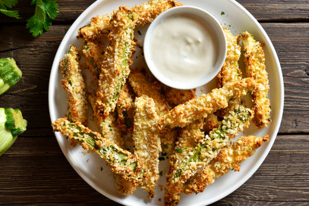 Crunchy zucchini breaded sticks with dip sauce on plate over wooden background. Top view, flat layの写真素材