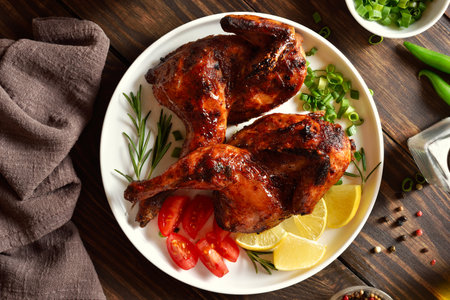 Delicious bbq half chicken on white plate on wooden table. Tasty grilled chicken meat for dinner. Top view, flat layの写真素材