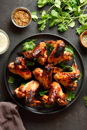 Bbq chicken wings on black plate over dark stone background. Tasty grilled chicken meat for dinner. Top view, flat layの写真素材
