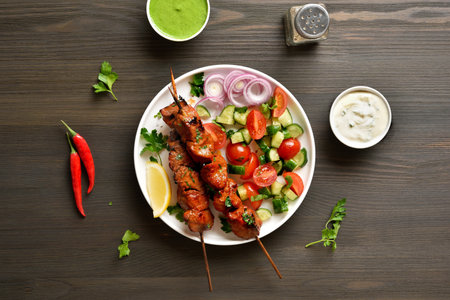 Tandoori skewers are marinated in spices, yogurt and lemon juice served with tomato and cucumber salad on white plate on wooden background. Top view, flat layの写真素材