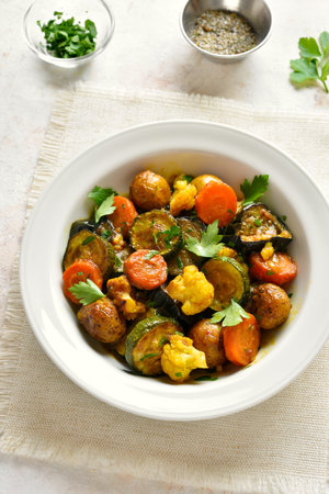 Diet baked vegetables in bowl over light background. Vegetarian vegan or healthy diet food concept.の写真素材