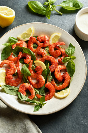 Spicy thai basil shrimp on plate on dark stone background. Close up viewの写真素材