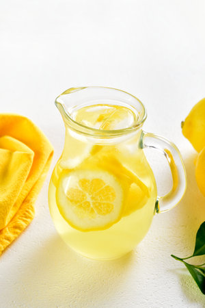 Lemon lemonade in glass pitcher on white background with free space for text.の写真素材