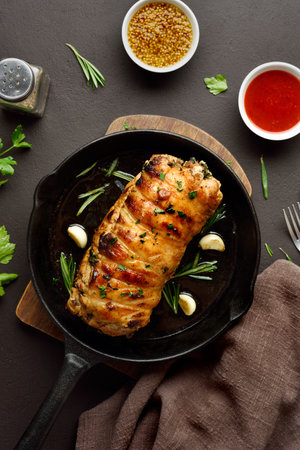 Roasted pork loin with rosemary and garlic in cast iron skillet on brown stone background. Top view, flat layの写真素材