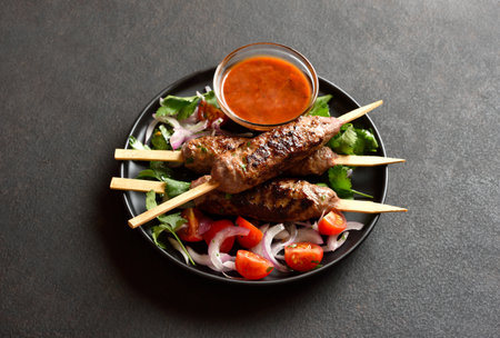 Grilled lula kebab on wooden skewers served with fresh vegetables and tomato sauce on black plate on dark background. Close up viewの写真素材