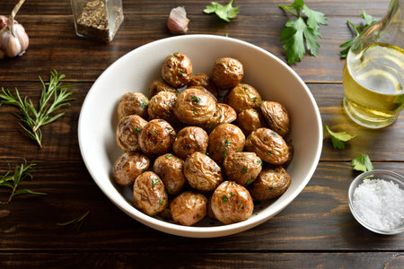 Roasted baby potatoes in white bowl on wooden table. Close up viewの写真素材