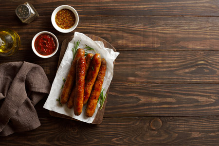 Roasted juicy sausages on wooden background with free text space. Country style. Top view, flat layの写真素材