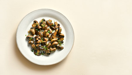 Stewed mushrooms with greens on plate over light stone background with free text space. Vegetarian vegan or heatlhy diet food concept. Top view, flat layの写真素材