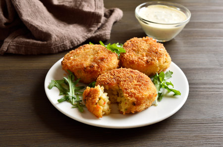 Deep fried fish cakes from mashed potato and minced fish on white plate on brown wooden table. Close...