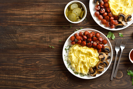 Mashed potatoes with roasted sweet and spicy sausage bites and mushrooms on white plate on brown wooden background with free space. Top view, flat layの写真素材