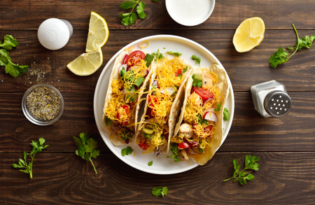 Tacos with vegetables and chicken meat on white plate over wooden background. Top view, flat layの写真素材