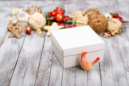 Christmas decoration on the wooden background. Winter holidays concept. New Year of rooster.の写真素材