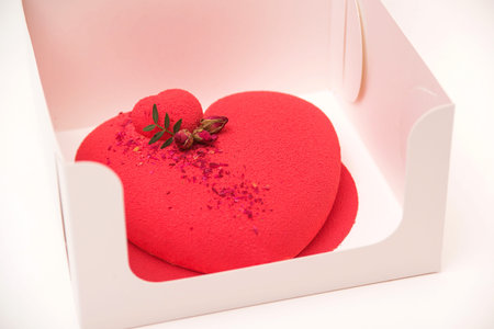 Heart shaped cake in a box. Luxury mousse cake decorated with roses. Valentine's Day celebration. Love. Birthday romantic cake.の写真素材