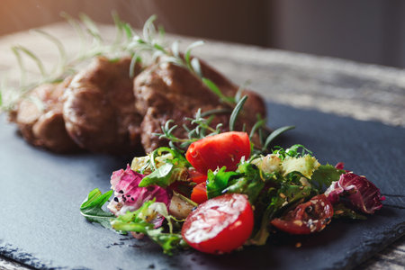 Grilled beef steaks on black stone slate. Tasty juicy grilled steak and salad with tomatoes. Main...