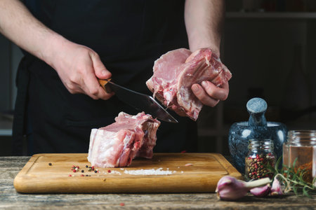 The butcher cuts the pork ribs. Meat with bone on a wooden cutting board. Chef slicing raw meat....