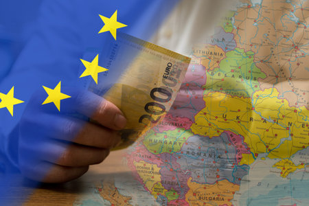Ukraine needs support from Europe. Europe helps Ukraine with money. Abstract Europe Ukraine politics relationship concept.の写真素材
