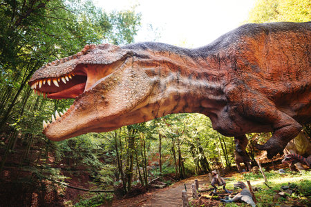 Tourist attraction for children. Dinosaur in dino park. Summer camp, vacation and weekend day. Popular favorite place with dino for kids. Big modern dino park.の写真素材