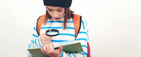 Boy looking through magnifying glass to the book. Schoolboy holding the magnifying glass. Children's...