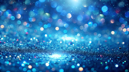 Blue glitter with light effects and bokeh effect. Blue blurred festive backgroundの素材
