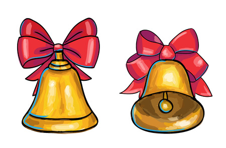 Golden Christmas bells with red bow isolated on white background, hand drawn illustration.のイラスト素材