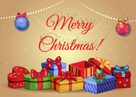 merry christmas and happy new year vintage retro backgound with presentsのイラスト素材