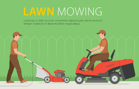 Man mowing the lawn with red lawn mowerのイラスト素材