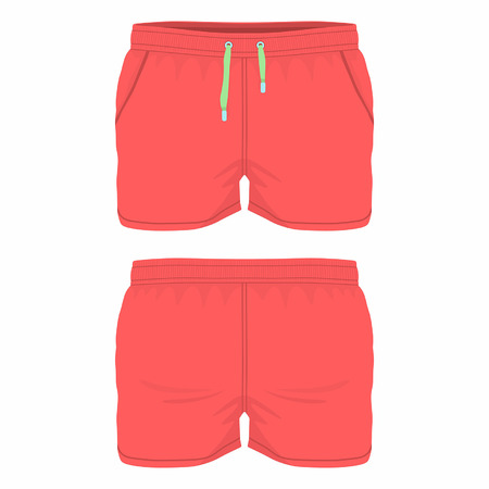 Men's red sport shorts. Front and back views on white backgroundのイラスト素材