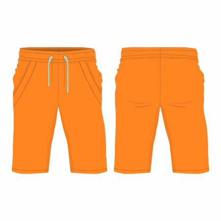 Men's orange sport shorts. Front and back views on white backgroundのイラスト素材