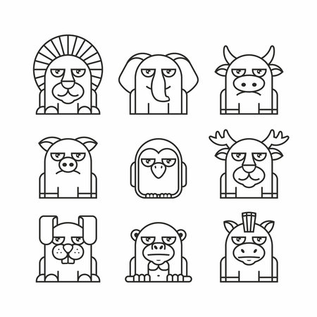 Animals set, thin line style, flat design. lion, elephant, cow, pig, penguin, deer, hare, monkey, donkeyのイラスト素材