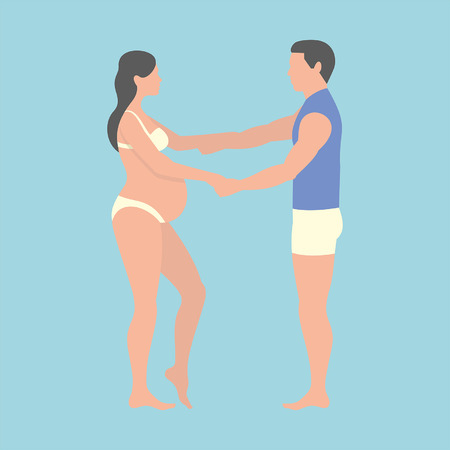 pregnant woman and her husband holding hands on blue backgroundのイラスト素材