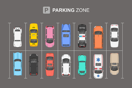 Top view of Different Cars City parking. Parking zone illustration.のイラスト素材