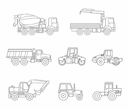 Construction machines icons set, thin line styleのイラスト素材