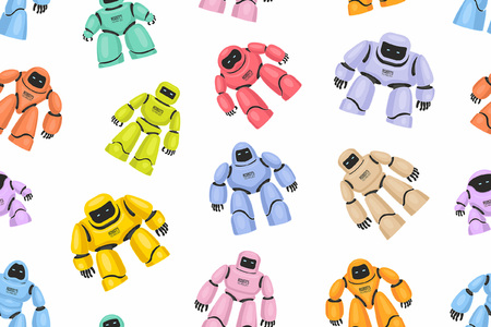 Seamless pattern of Colorful Different Robots. isolated on white backgroundのイラスト素材