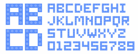 Blue brick toys alphabet with numbers isolated on white backgroundのイラスト素材