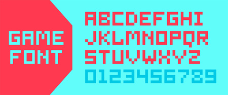 Pixel video game alphabet. letters and numbers. isolated on white backgroundのイラスト素材