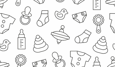 Seamless pattern with baby things. thin line. isolated on white backgroundのイラスト素材