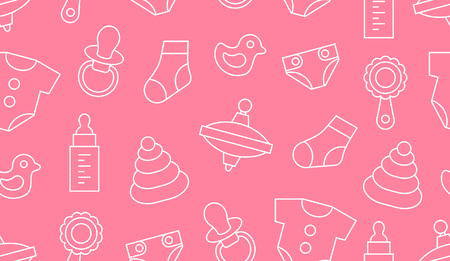 Seamless pattern with baby things. thin line. isolated on pink backgroundのイラスト素材