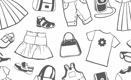 Girls clothes and accessories seamless pattern design on white backgroundのイラスト素材