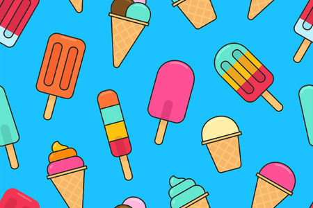Seamless pattern with Colorful Different ice cream. flat style. isolated on blue backgroundのイラスト素材