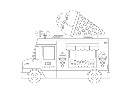 Ice Cream Truck, mobile shop. thin line. isolated on white backgroundのイラスト素材