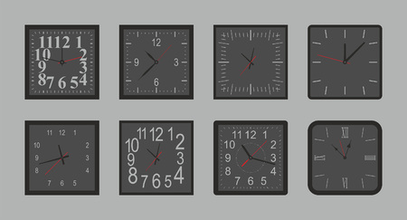 Set of black Square wall clock. flat style. isolated on gray backgroundのイラスト素材